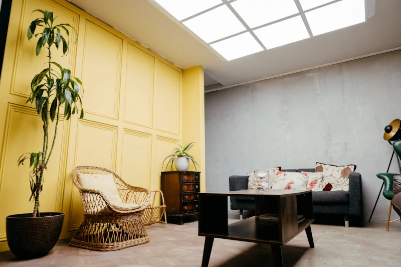 lounge yellow panelled wall wicker chair pot plant 